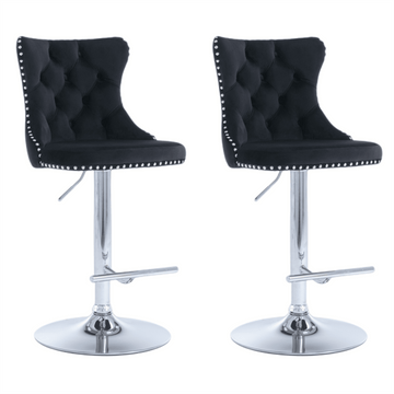 2x Height Adjustable Swivel Bar Stool Velvet Studs Barstool with Footrest and Chromed Base - Black - RnR Galore