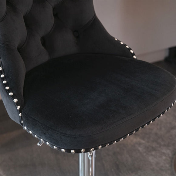 2x Height Adjustable Swivel Bar Stool Velvet Studs Barstool with Footrest and Chromed Base - Black - RnR Galore