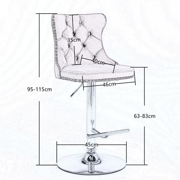 2x Height Adjustable Swivel Bar Stool Velvet Studs Barstool with Footrest and Chromed Base - Black - RnR Galore