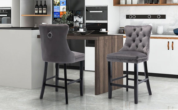 2X Velvet Bar Stools with Studs Trim Wooden Legs Tufted Dining Chairs Kitchen - RnR Galore