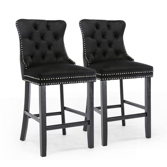 2X Velvet Bar Stools with Studs Trim Wooden Legs Tufted Dining Chairs Kitchen - RnR Galore