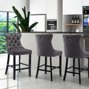 2X Velvet Bar Stools with Studs Trim Wooden Legs Tufted Dining Chairs Kitchen - RnR Galore