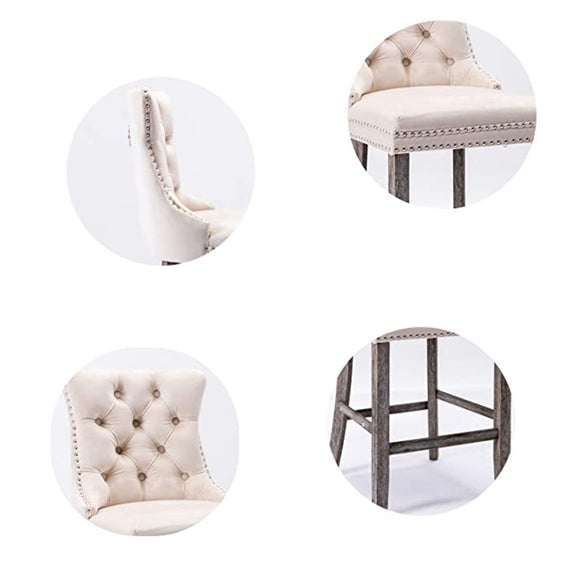 2X Velvet Bar Stools with Studs Trim Wooden Legs Tufted Dining Chairs Kitchen - RnR Galore
