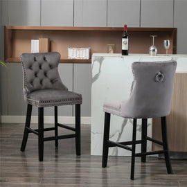 2X Velvet Bar Stools with Studs Trim Wooden Legs Tufted Dining Chairs Kitchen - RnR Galore