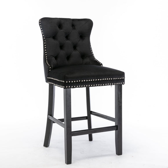 2X Velvet Bar Stools with Studs Trim Wooden Legs Tufted Dining Chairs Kitchen - RnR Galore
