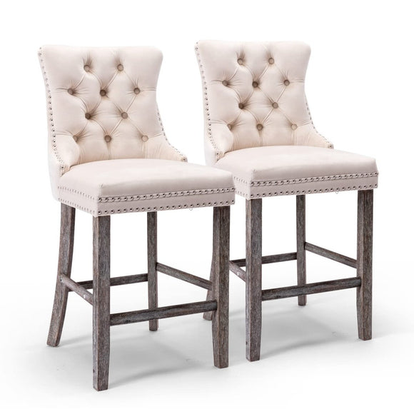 2X Velvet Bar Stools with Studs Trim Wooden Legs Tufted Dining Chairs Kitchen - RnR Galore