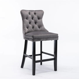 2X Velvet Bar Stools with Studs Trim Wooden Legs Tufted Dining Chairs Kitchen - RnR Galore