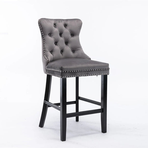 2X Velvet Bar Stools with Studs Trim Wooden Legs Tufted Dining Chairs Kitchen - RnR Galore