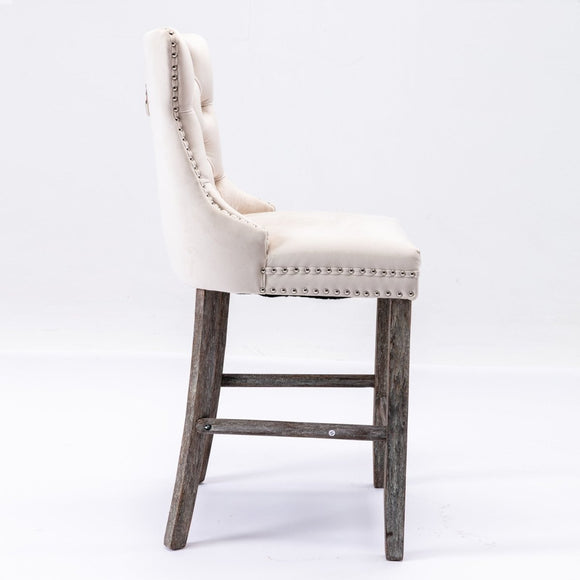 2X Velvet Bar Stools with Studs Trim Wooden Legs Tufted Dining Chairs Kitchen - RnR Galore
