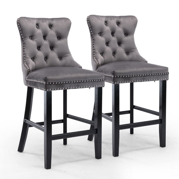 2X Velvet Bar Stools with Studs Trim Wooden Legs Tufted Dining Chairs Kitchen - RnR Galore