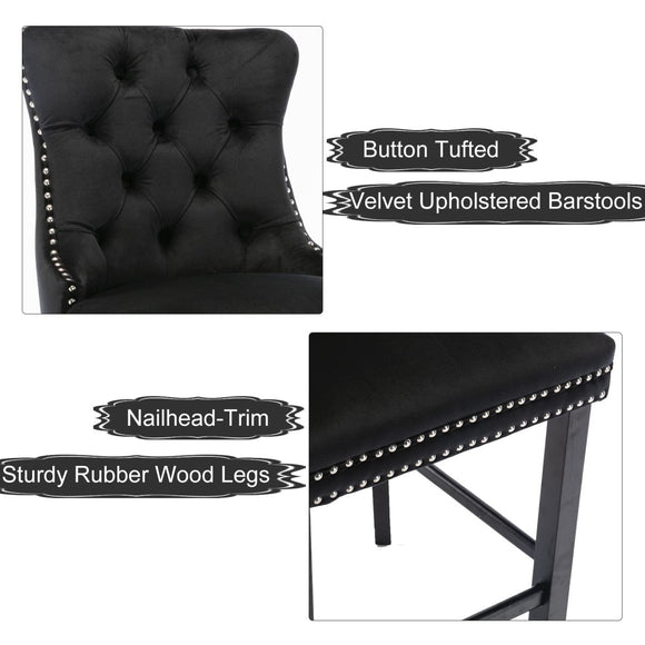 2X Velvet Bar Stools with Studs Trim Wooden Legs Tufted Dining Chairs Kitchen - RnR Galore