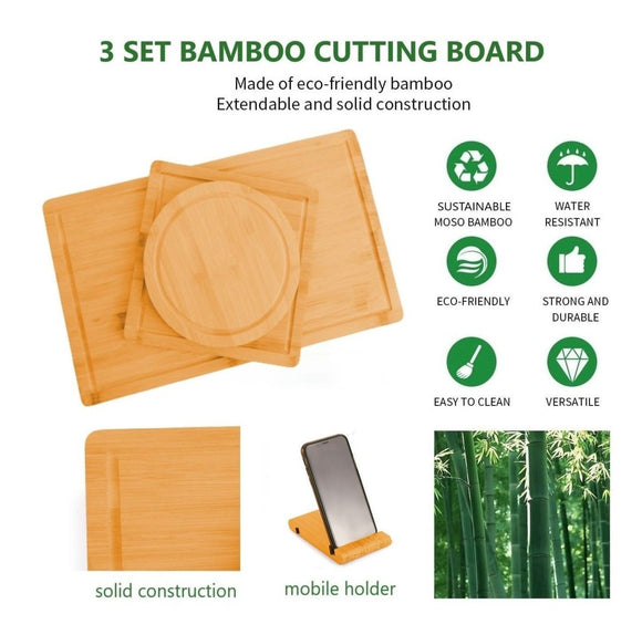 3 Pieces Bamboo Cutting Board with Juice Groove and Mobile Holder included for Home Kitchen - RnR Galore