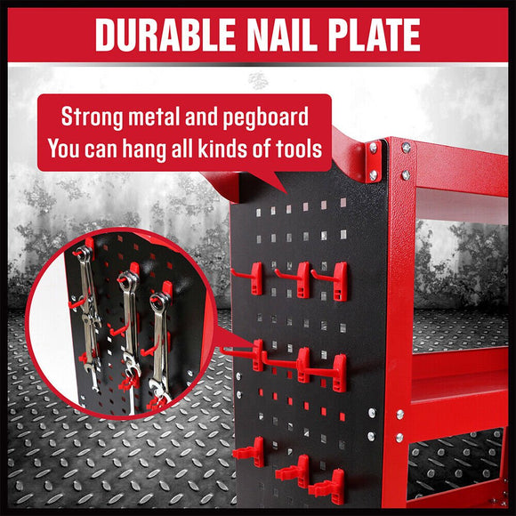 3 - Tier Heavy Duty Steel Tool Trolley - Workshop Cart with Pegboard, Hooks and Locking Swivel Casters - RnR Galore
