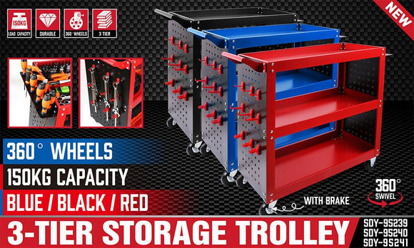3 - Tier Heavy Duty Steel Tool Trolley - Workshop Cart with Pegboard, Hooks and Locking Swivel Casters - RnR Galore