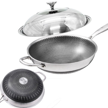 32cm 304 Stainless Steel Non - Stick Stir Fry Cooking Kitchen Honeycomb Wok Pan with Lid - RnR Galore