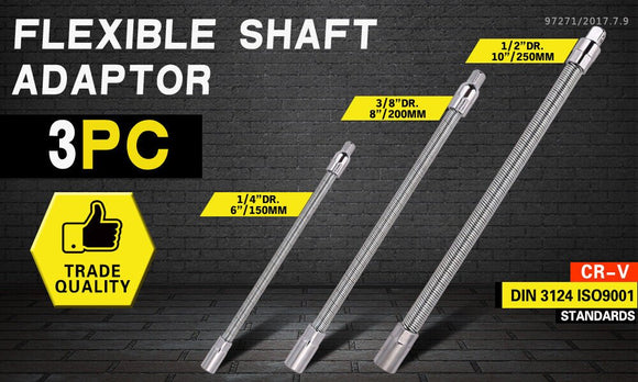 3PC Flexible Socket Extension Bars Shaft Set 1/2" 1/4" 3/8" Drive 10" 8" 6" Long - RnR Galore