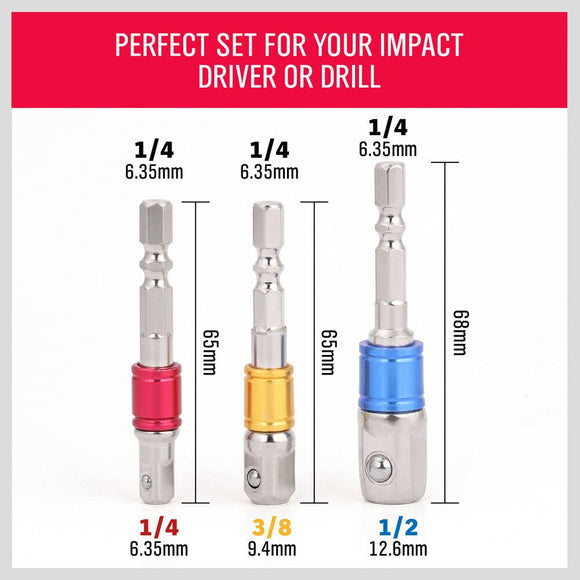 3Pc Socket Bit Adaptor Set Drill Nut Driver Power Extension Bars 1/4" 3/8" 1/2" - RnR Galore
