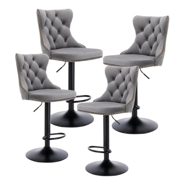 4x Height Adjustable Swivel Bar Stool Velvet Nailhead Barstool with Footrest - RnR Galore
