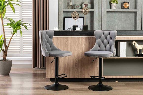 4x Height Adjustable Swivel Bar Stool Velvet Nailhead Barstool with Footrest - RnR Galore