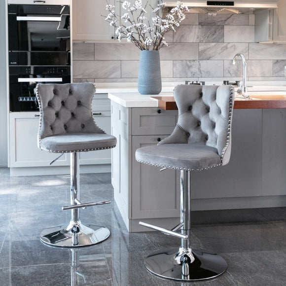 4x Height Adjustable Swivel Bar Stool Velvet Stud Barstool with Footrest and Chromed Base - Gray - RnR Galore