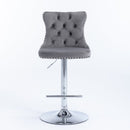 4x Height Adjustable Swivel Bar Stool Velvet Stud Barstool with Footrest and Chromed Base - Gray - RnR Galore