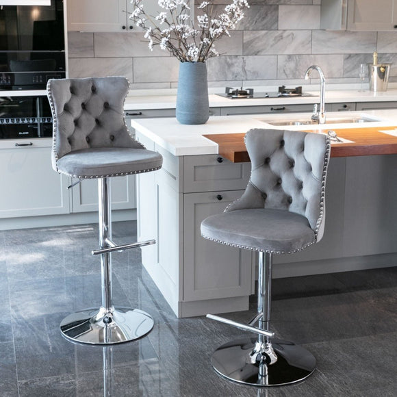 4x Height Adjustable Swivel Bar Stool Velvet Stud Barstool with Footrest and Chromed Base - Gray - RnR Galore