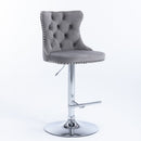 4x Height Adjustable Swivel Bar Stool Velvet Stud Barstool with Footrest and Chromed Base - Gray - RnR Galore