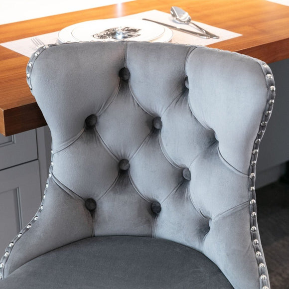 4x Height Adjustable Swivel Bar Stool Velvet Stud Barstool with Footrest and Chromed Base - Gray - RnR Galore