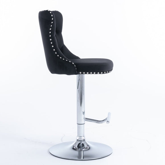 4x Height Adjustable Swivel Bar Stool Velvet Studs Barstool with Footrest and Chromed Base - Black - RnR Galore