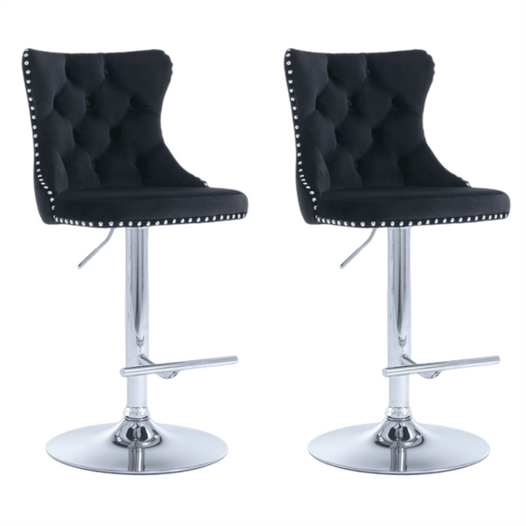 4x Height Adjustable Swivel Bar Stool Velvet Studs Barstool with Footrest and Chromed Base - Black - RnR Galore