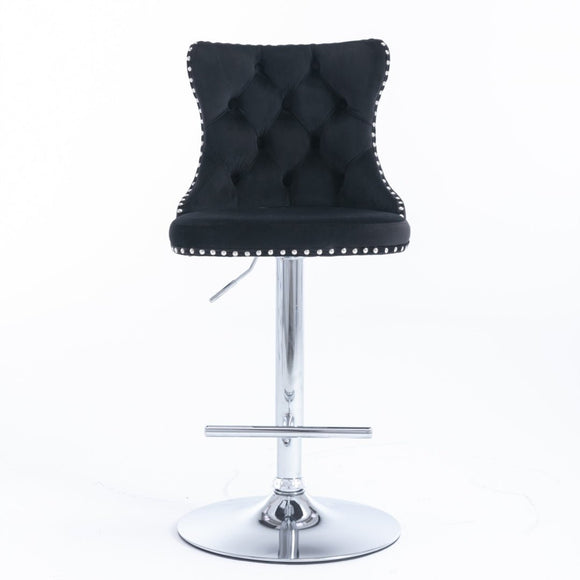 4x Height Adjustable Swivel Bar Stool Velvet Studs Barstool with Footrest and Chromed Base - Black - RnR Galore