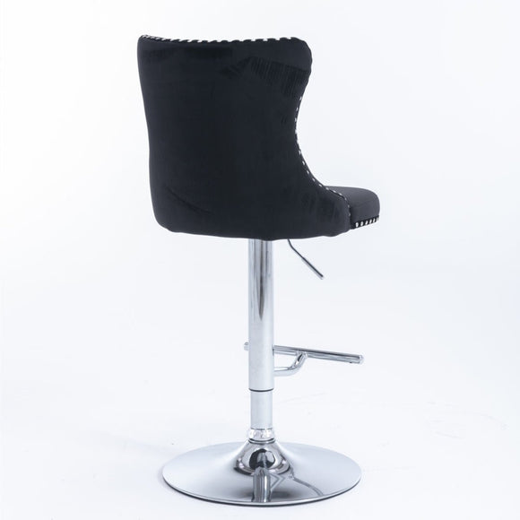4x Height Adjustable Swivel Bar Stool Velvet Studs Barstool with Footrest and Chromed Base - Black - RnR Galore