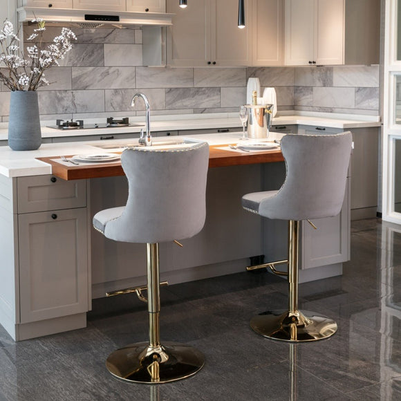 4x Height Adjustable Swivel Bar Stool Velvet Studs Barstool with Footrest and Golden Base - Grey - RnR Galore