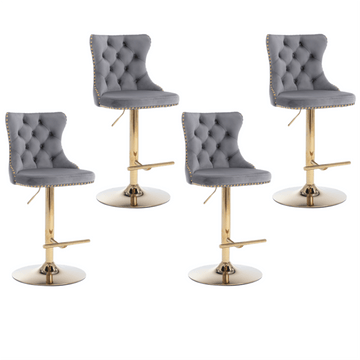 4x Height Adjustable Swivel Bar Stool Velvet Studs Barstool with Footrest and Golden Base - Grey - RnR Galore