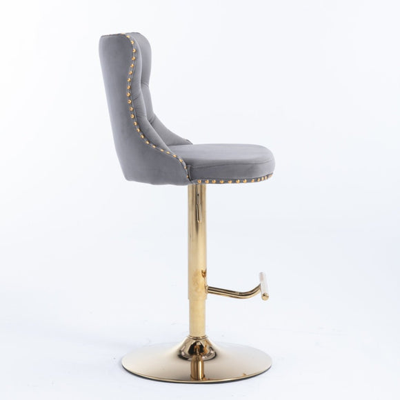 4x Height Adjustable Swivel Bar Stool Velvet Studs Barstool with Footrest and Golden Base - Grey - RnR Galore