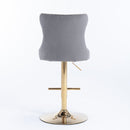 4x Height Adjustable Swivel Bar Stool Velvet Studs Barstool with Footrest and Golden Base - Grey - RnR Galore