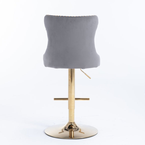 4x Height Adjustable Swivel Bar Stool Velvet Studs Barstool with Footrest and Golden Base - Grey - RnR Galore