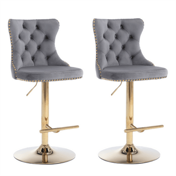 4x Height Adjustable Swivel Bar Stool Velvet Studs Barstool with Footrest and Golden Base - Grey - RnR Galore