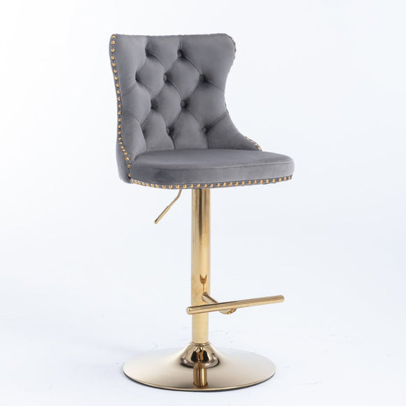4x Height Adjustable Swivel Bar Stool Velvet Studs Barstool with Footrest and Golden Base - Grey - RnR Galore