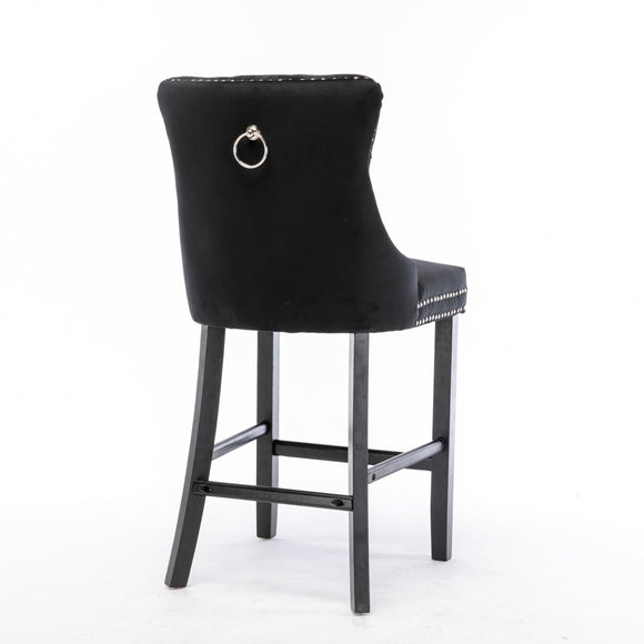 4X Velvet Bar Stools with Studs Trim Wooden Legs Tufted Dining Chairs Kitchen - RnR Galore