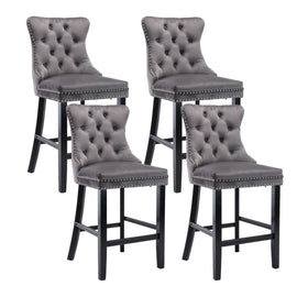 4X Velvet Bar Stools with Studs Trim Wooden Legs Tufted Dining Chairs Kitchen - RnR Galore