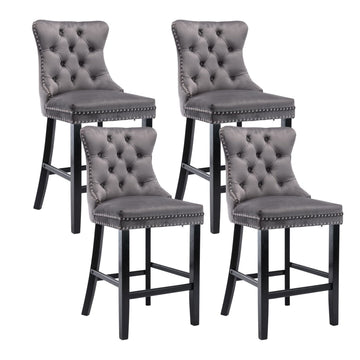 4X Velvet Bar Stools with Studs Trim Wooden Legs Tufted Dining Chairs Kitchen - RnR Galore