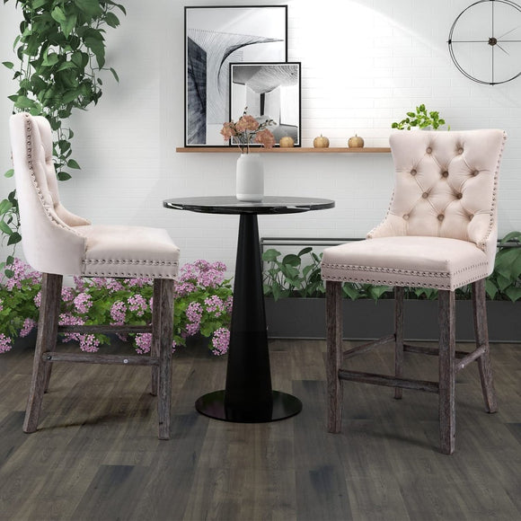 4X Velvet Bar Stools with Studs Trim Wooden Legs Tufted Dining Chairs Kitchen - RnR Galore