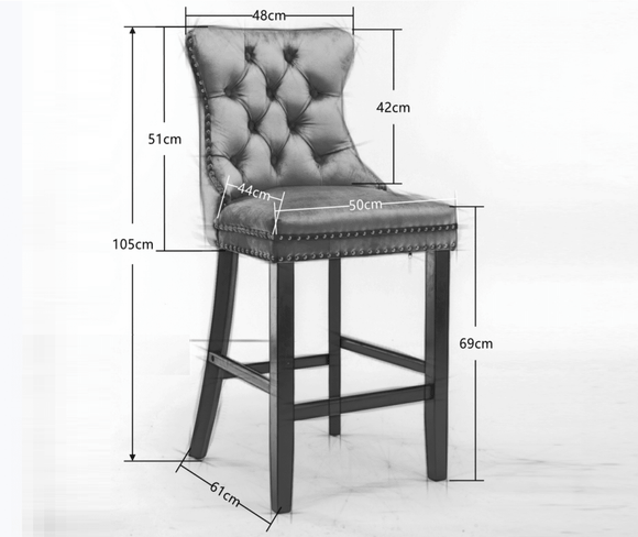 4X Velvet Bar Stools with Studs Trim Wooden Legs Tufted Dining Chairs Kitchen - RnR Galore