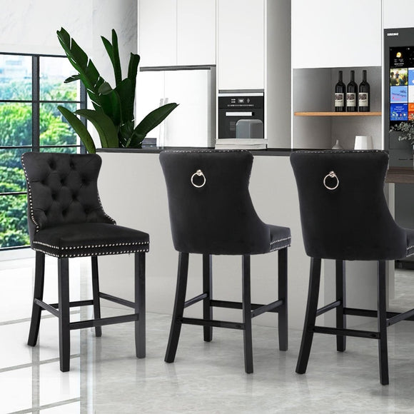 4X Velvet Bar Stools with Studs Trim Wooden Legs Tufted Dining Chairs Kitchen - RnR Galore