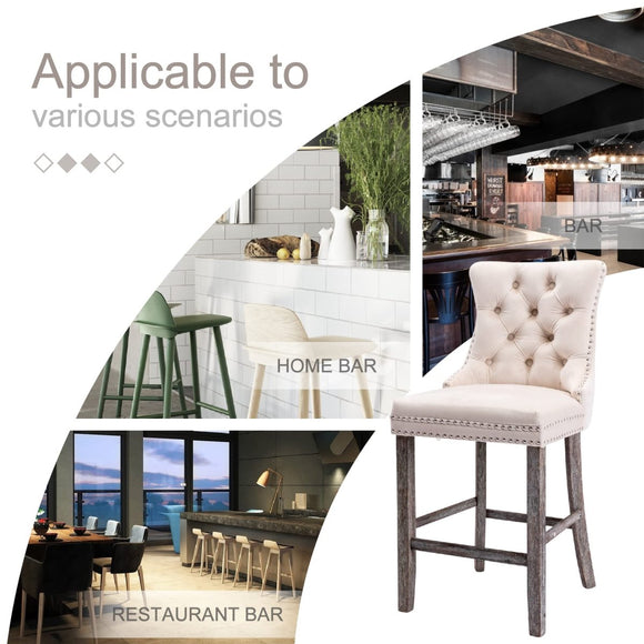 4X Velvet Bar Stools with Studs Trim Wooden Legs Tufted Dining Chairs Kitchen - RnR Galore
