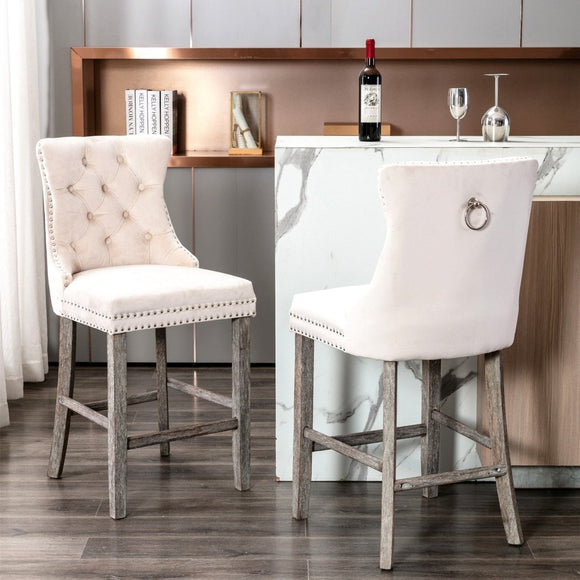 4X Velvet Bar Stools with Studs Trim Wooden Legs Tufted Dining Chairs Kitchen - RnR Galore