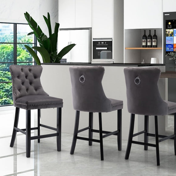 4X Velvet Bar Stools with Studs Trim Wooden Legs Tufted Dining Chairs Kitchen - RnR Galore