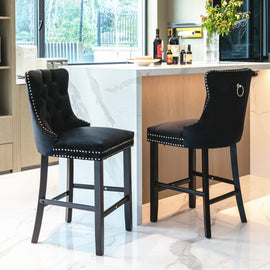 4X Velvet Bar Stools with Studs Trim Wooden Legs Tufted Dining Chairs Kitchen - RnR Galore