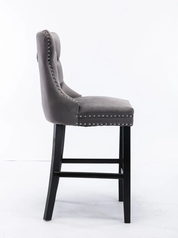 4X Velvet Bar Stools with Studs Trim Wooden Legs Tufted Dining Chairs Kitchen - RnR Galore